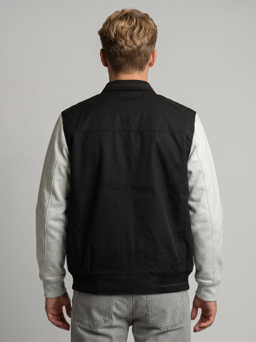 Men Black Solid Turtle Neck Sleeveless Bomber Jacket