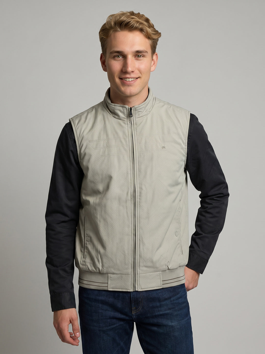 Men Grey Solid Turtle Neck Sleeveless Bomber Jacket