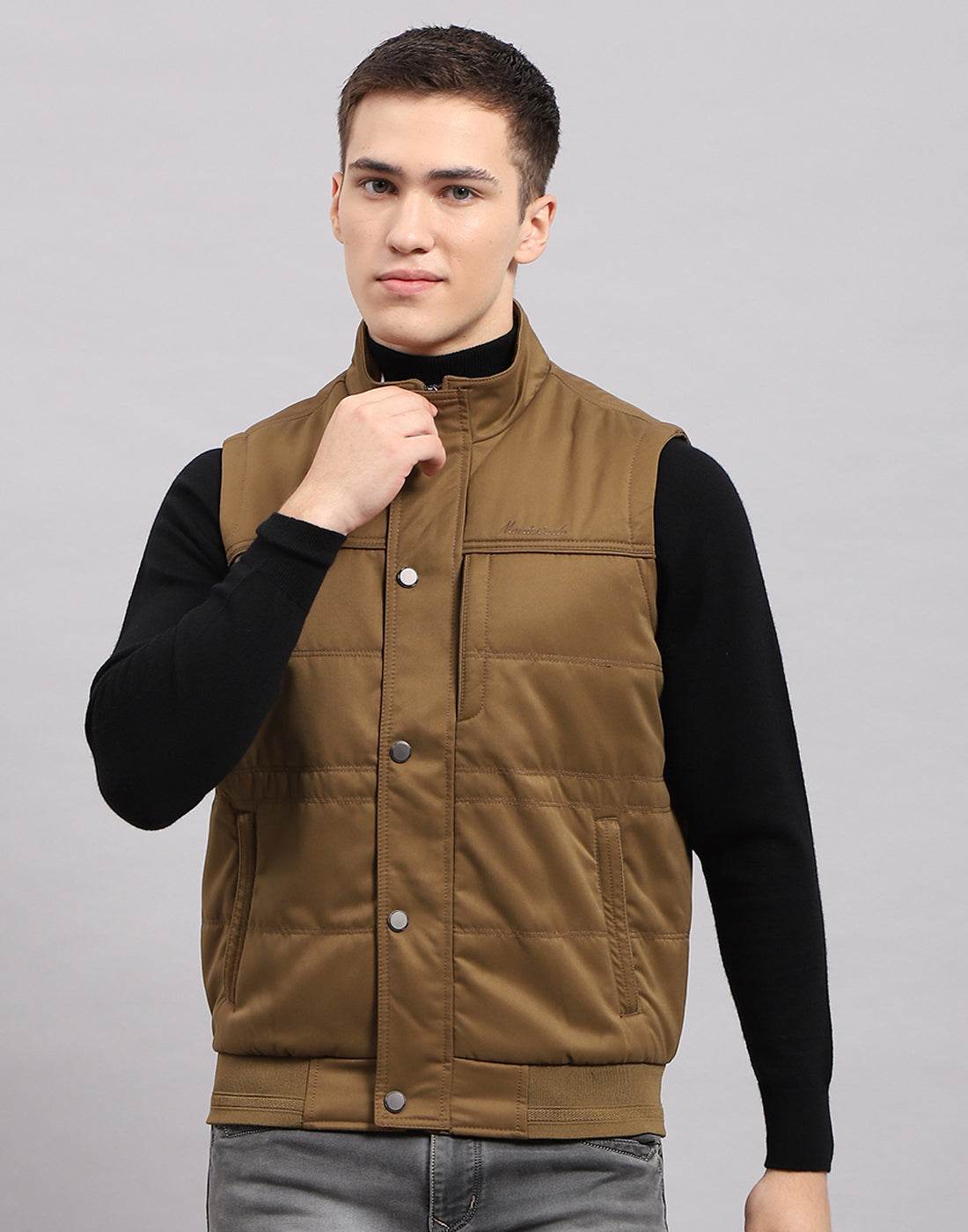 Khaki Montecarlo Half Jacket Men Khaki Solid Mock Neck Sleeveless