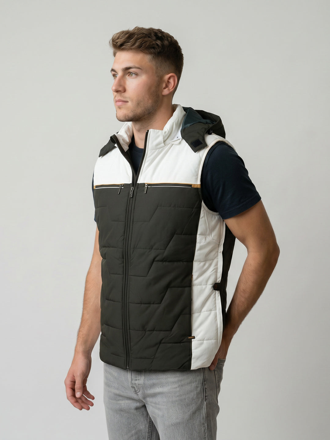 Men Olive Solid Detachable Hood Sleeveless Jacket