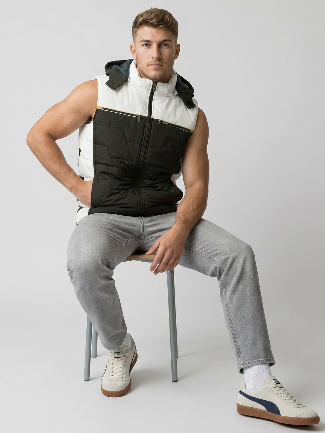 Men Olive Solid Detachable Hood Sleeveless Jacket