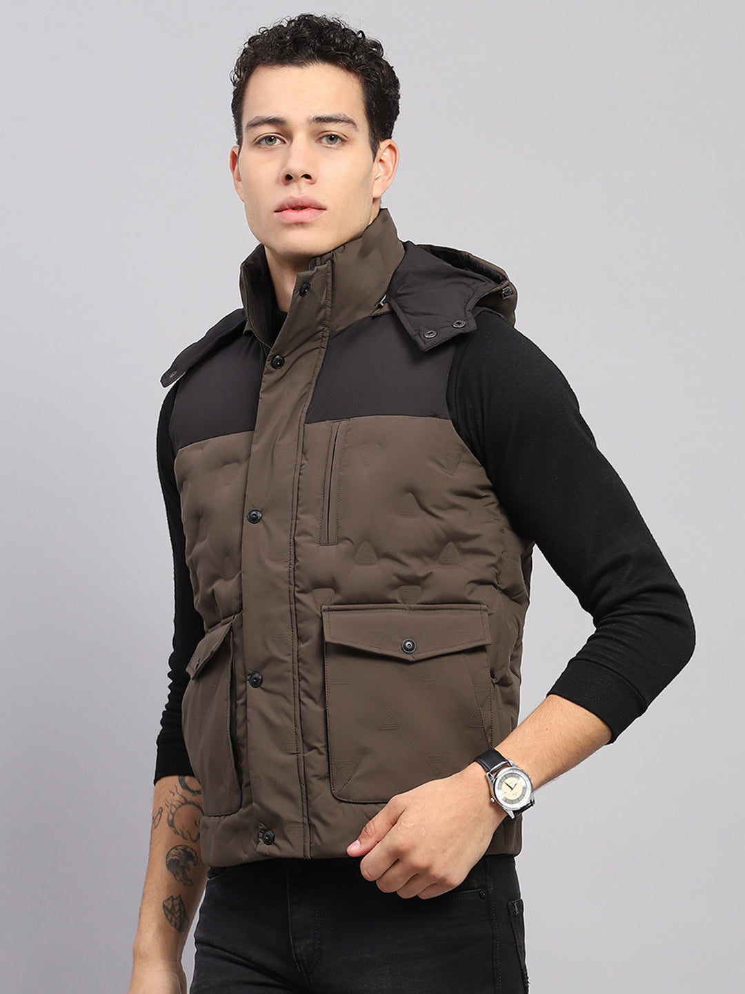 Men Olive Solid Detachable Hood Sleeveless Jacket
