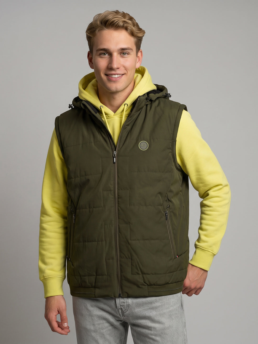 Men Olive Solid Sleeveless Padded Jacket with Detachable Hood