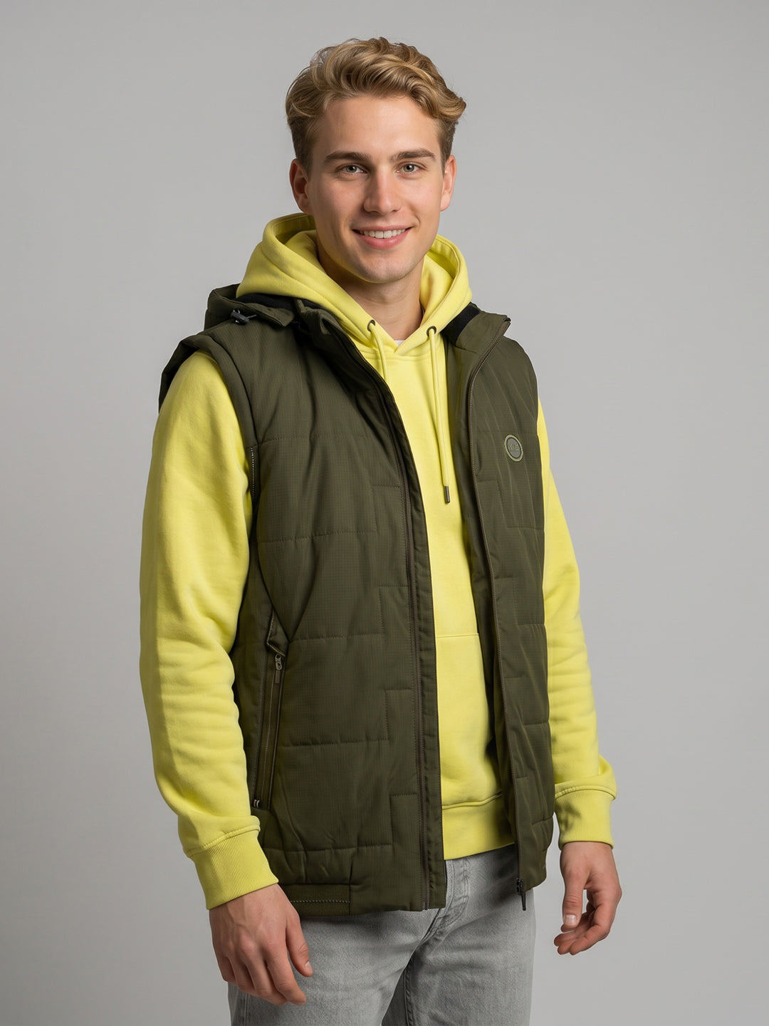 Men Olive Solid Sleeveless Padded Jacket with Detachable Hood