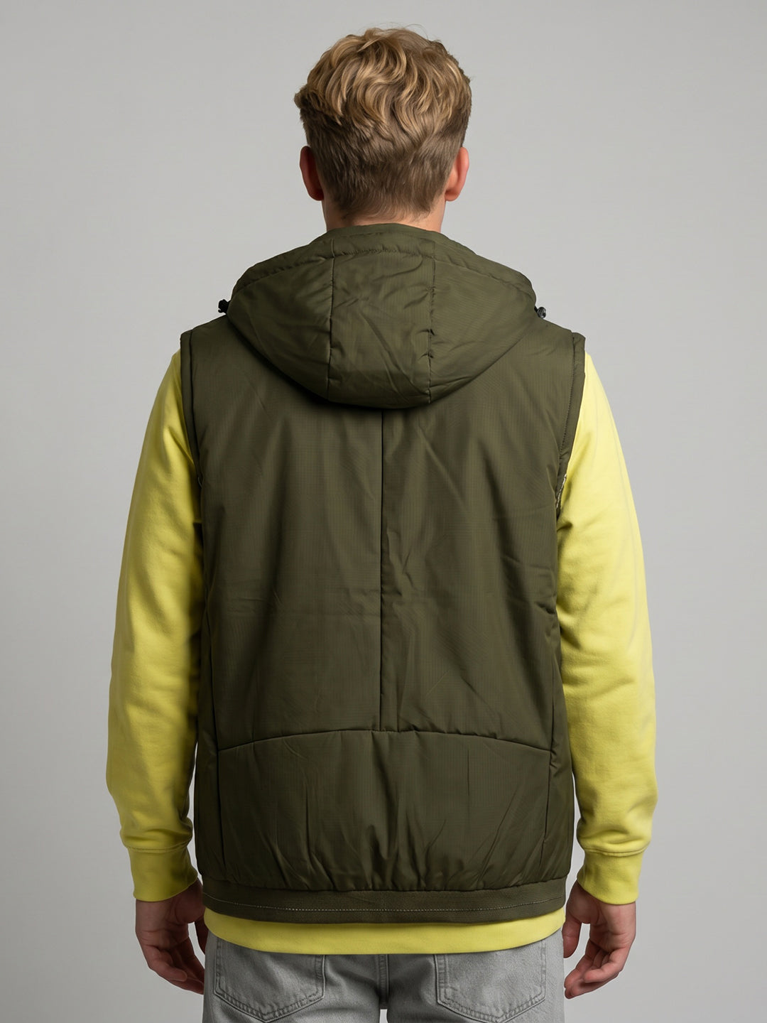 Men Olive Solid Sleeveless Padded Jacket with Detachable Hood