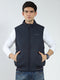 Men Navy Blue Solid Mock Neck Sleeveless Reversible Jacket