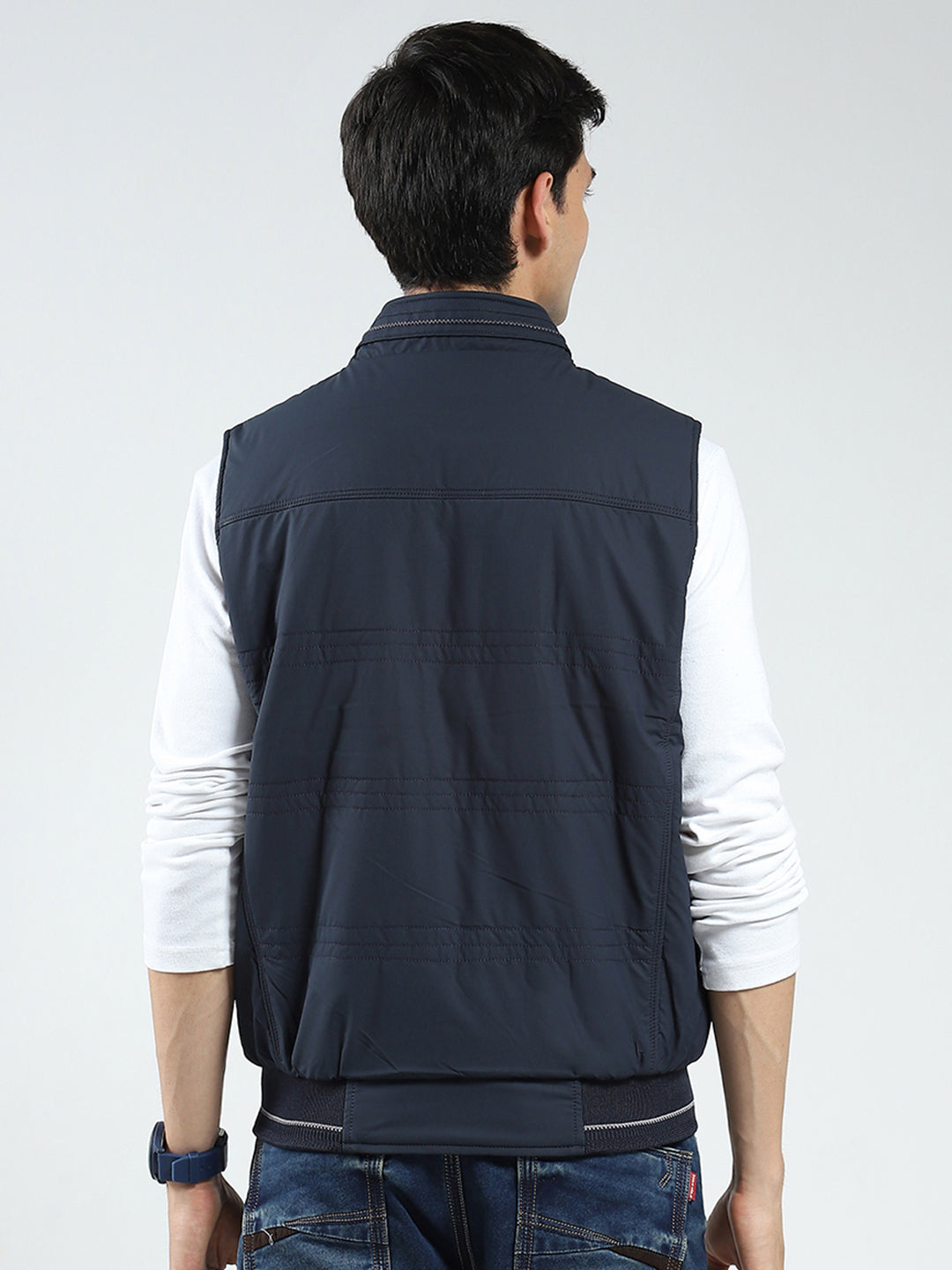 Men Navy Blue Solid Mock Neck Sleeveless Reversible Jacket