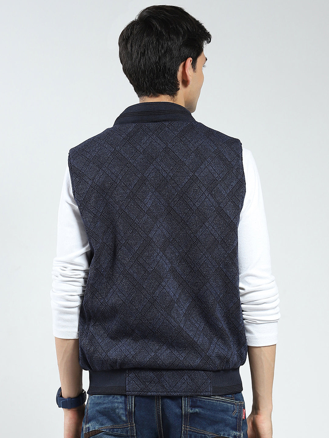 Men Navy Blue Solid Mock Neck Sleeveless Reversible Jacket