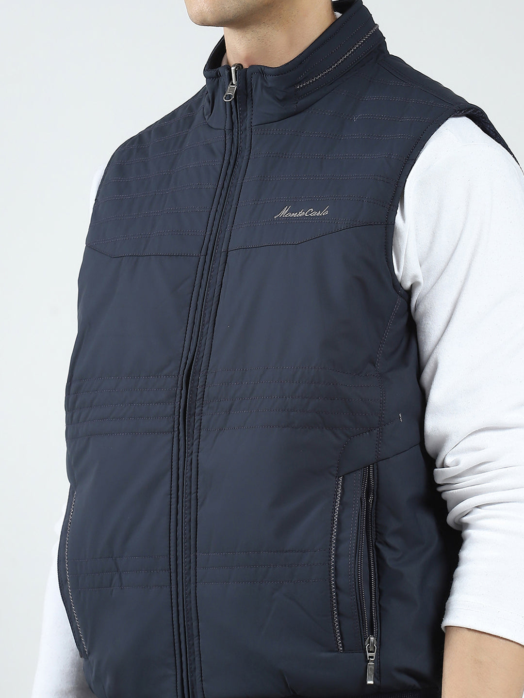 Men Navy Blue Solid Mock Neck Sleeveless Reversible Jacket