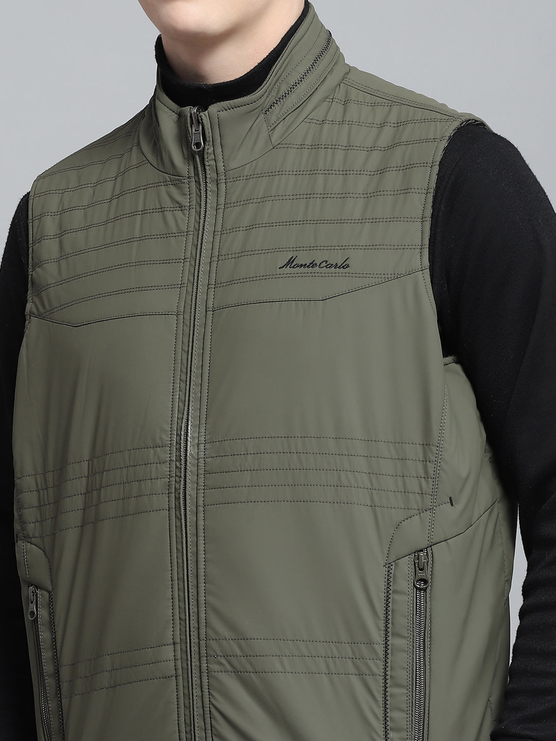 Men Olive Self Design Mock Neck Sleeveless Reversible Jacket