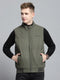 Men Olive Self Design Mock Neck Sleeveless Reversible Jacket
