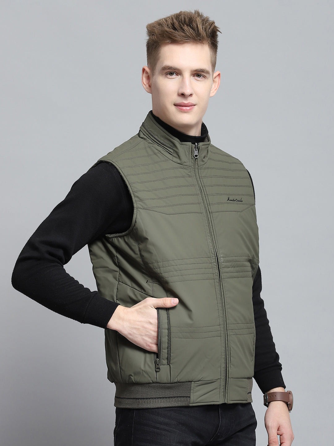 Men Olive Self Design Mock Neck Sleeveless Reversible Jacket