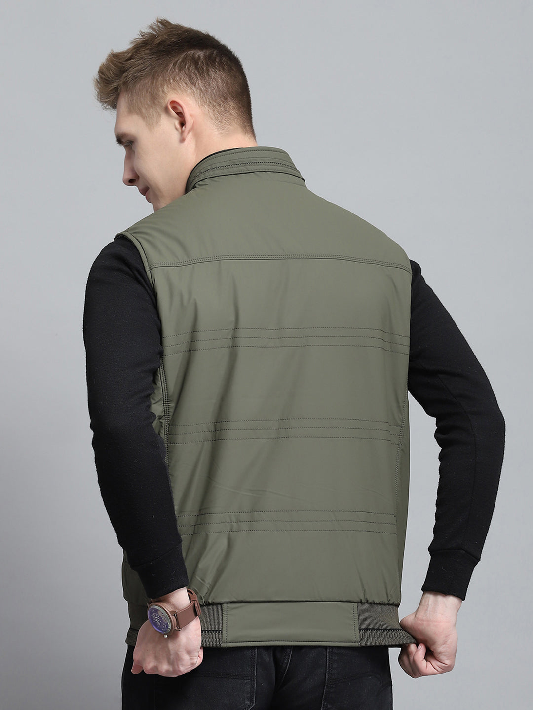 Men Olive Self Design Mock Neck Sleeveless Reversible Jacket