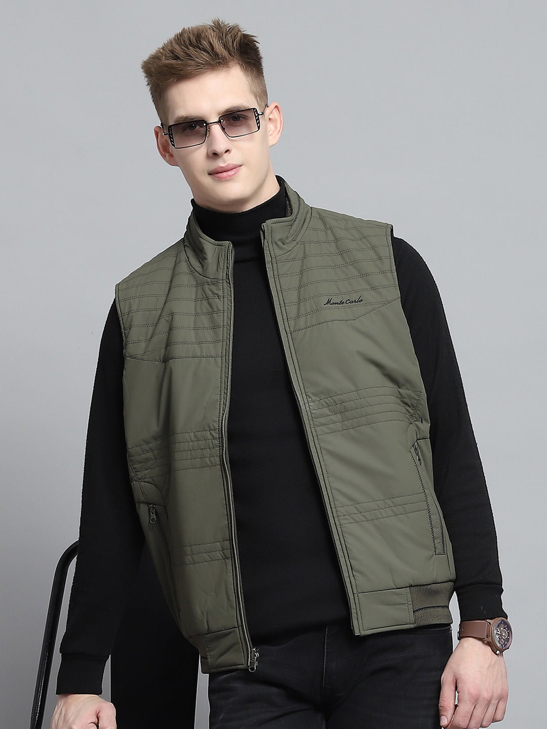 Men Olive Self Design Mock Neck Sleeveless Reversible Jacket