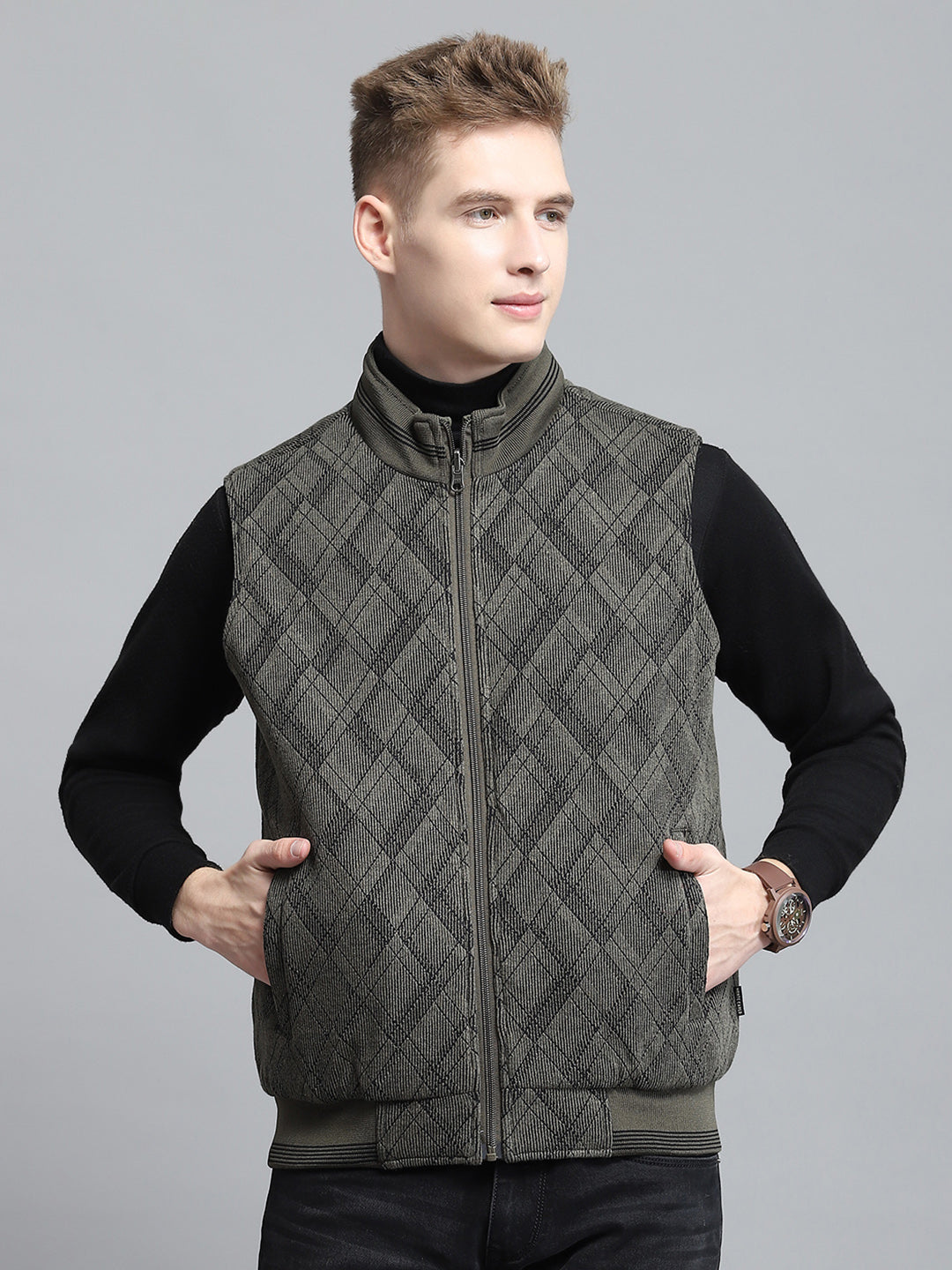 Men Olive Self Design Mock Neck Sleeveless Reversible Jacket