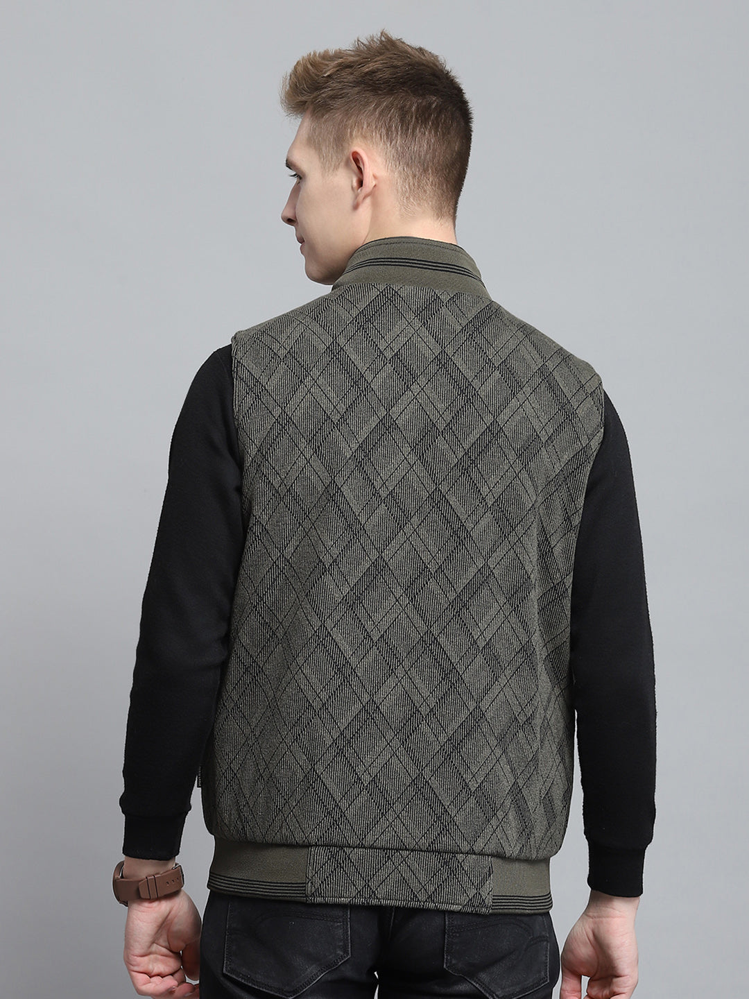 Men Olive Self Design Mock Neck Sleeveless Reversible Jacket