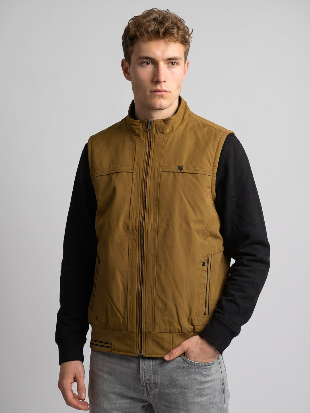Men Mustard Solid Collar Reversible Quilted Jacket