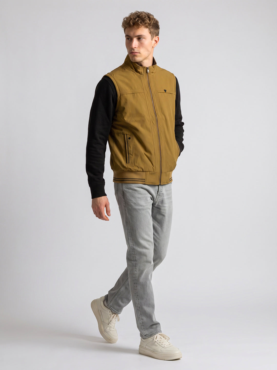 Men Mustard Solid Collar Reversible Quilted Jacket