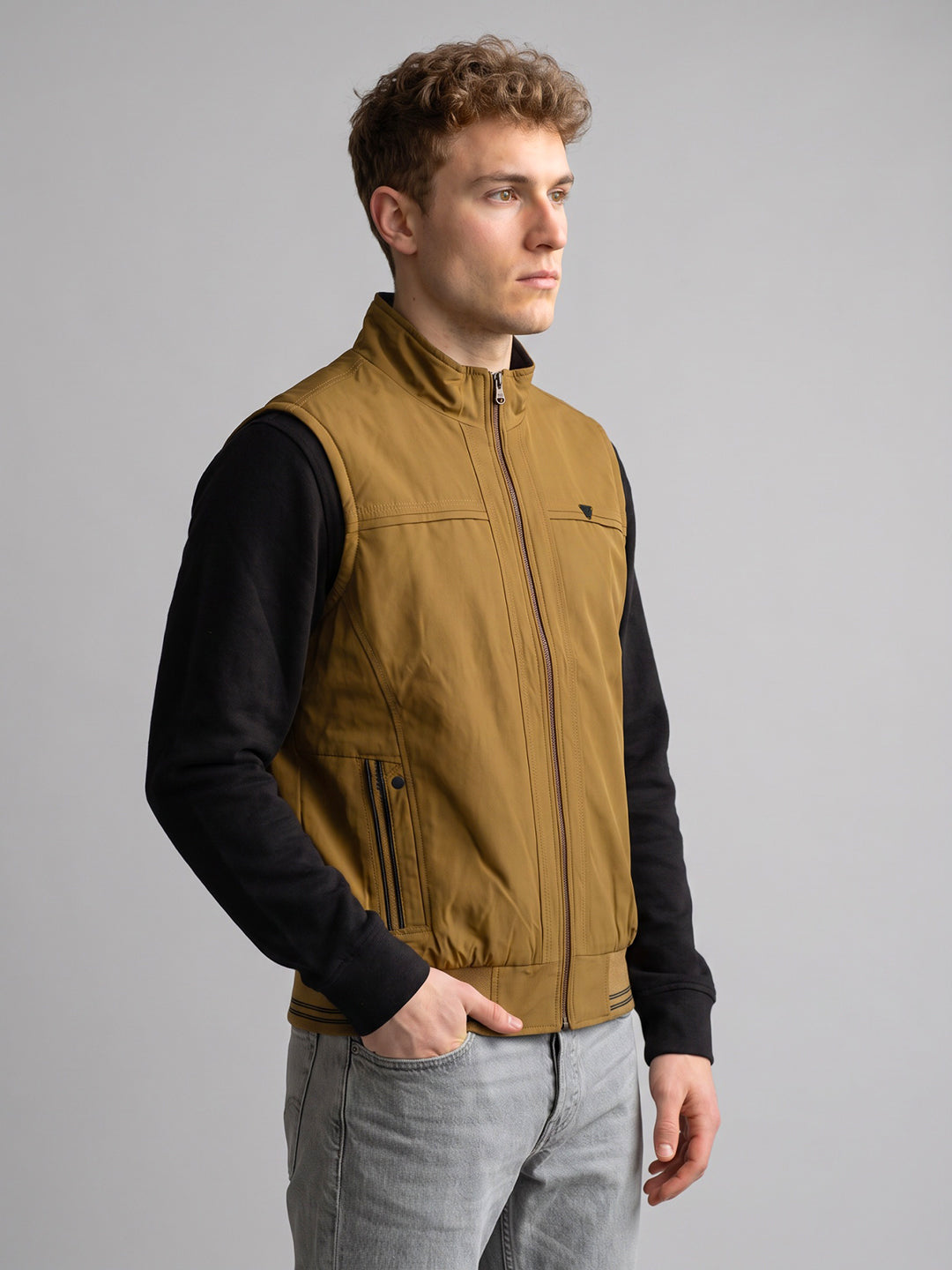 Men Mustard Solid Collar Reversible Quilted Jacket