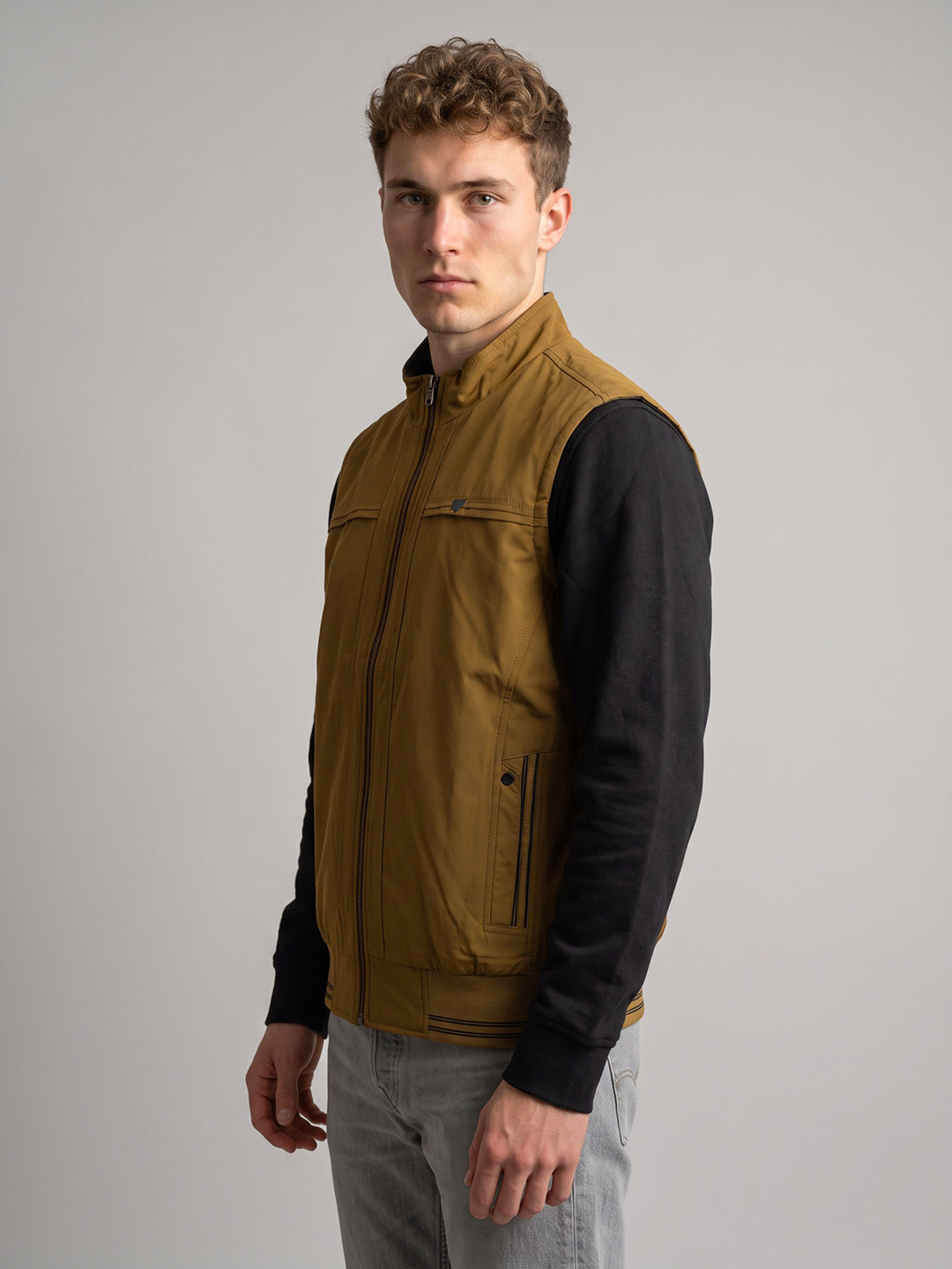 Men Mustard Solid Collar Reversible Quilted Jacket