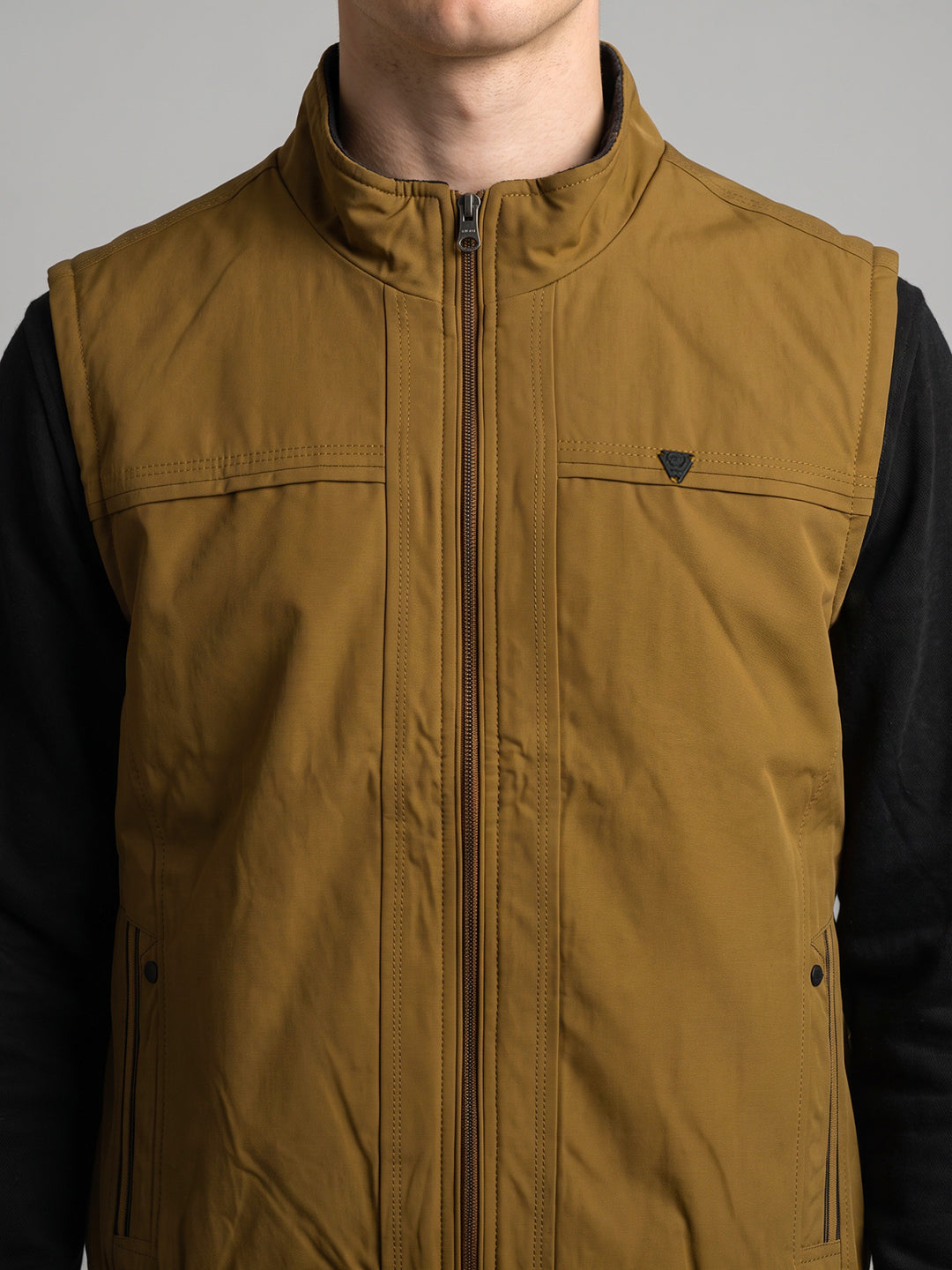 Men Mustard Solid Collar Reversible Quilted Jacket