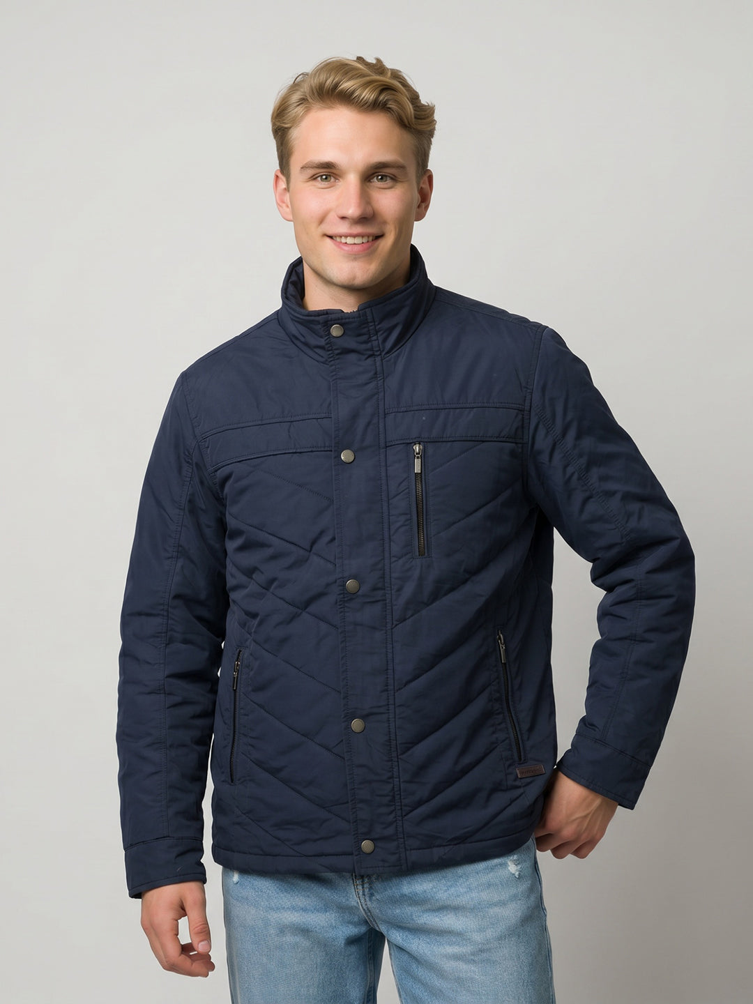 Men Blue Solid Turtle Neck Full Sleeve Padded Jacket