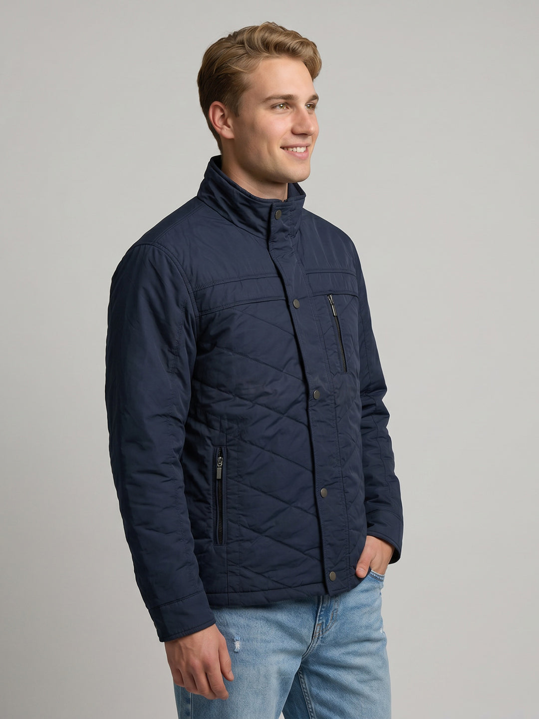Men Blue Solid Turtle Neck Full Sleeve Padded Jacket