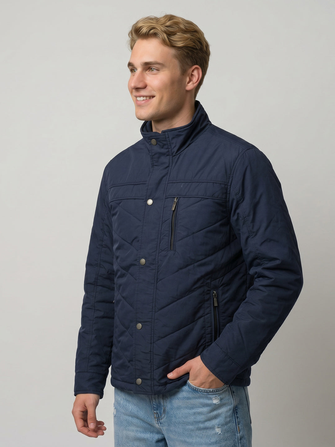 Men Blue Solid Turtle Neck Full Sleeve Padded Jacket