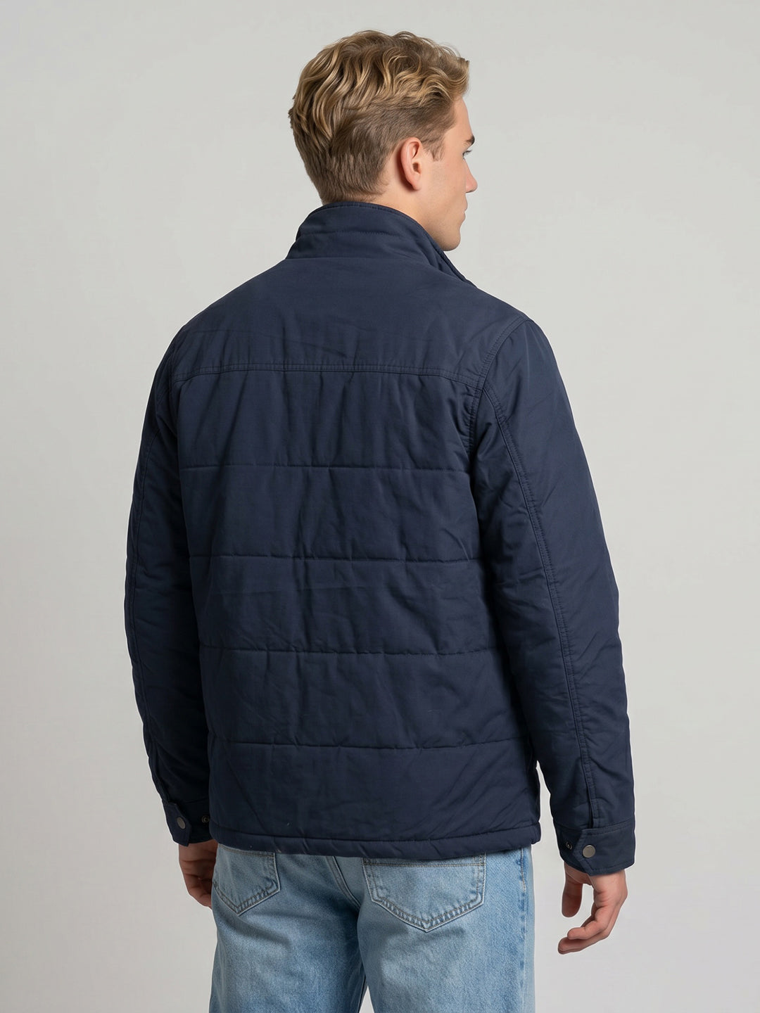 Men Blue Solid Turtle Neck Full Sleeve Padded Jacket