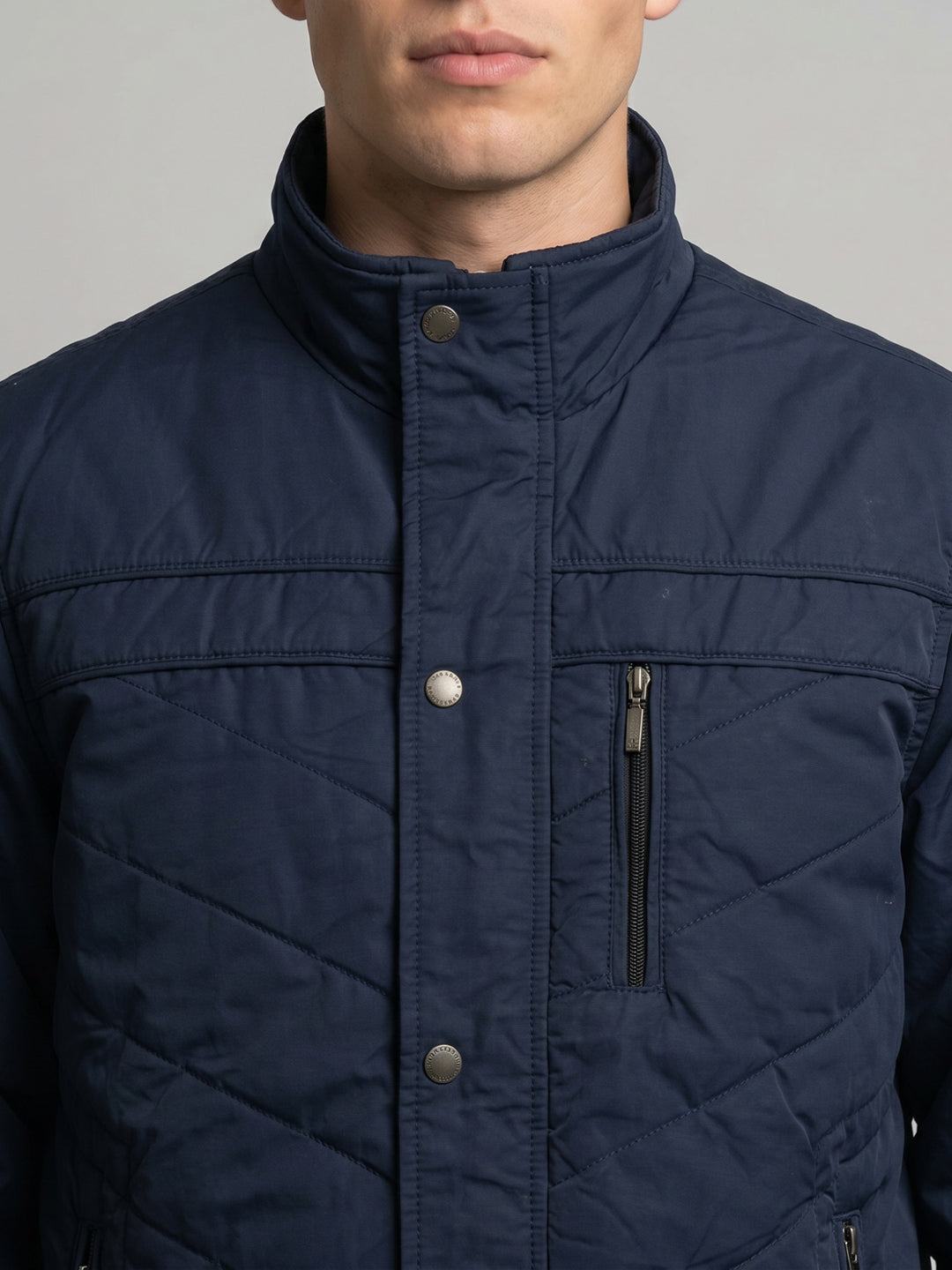 Men Blue Solid Turtle Neck Full Sleeve Padded Jacket