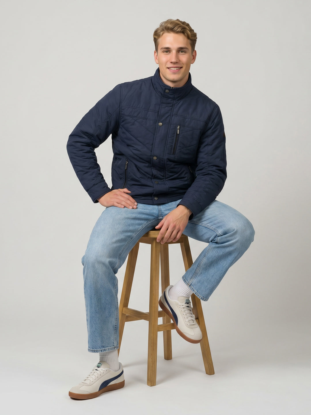Men Blue Solid Turtle Neck Full Sleeve Padded Jacket