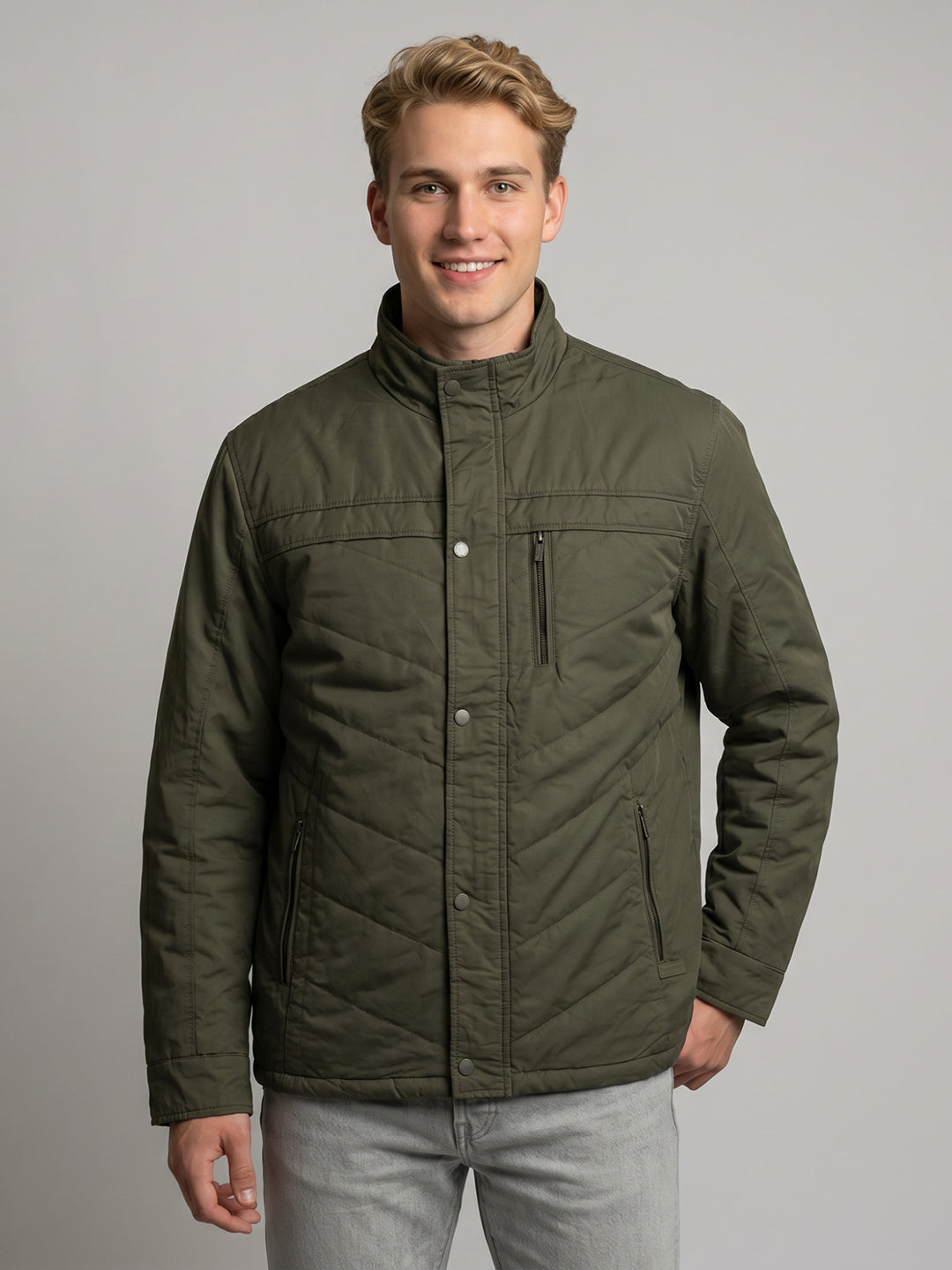 Men Green Solid Turtle Neck Full Sleeve Padded Jacket