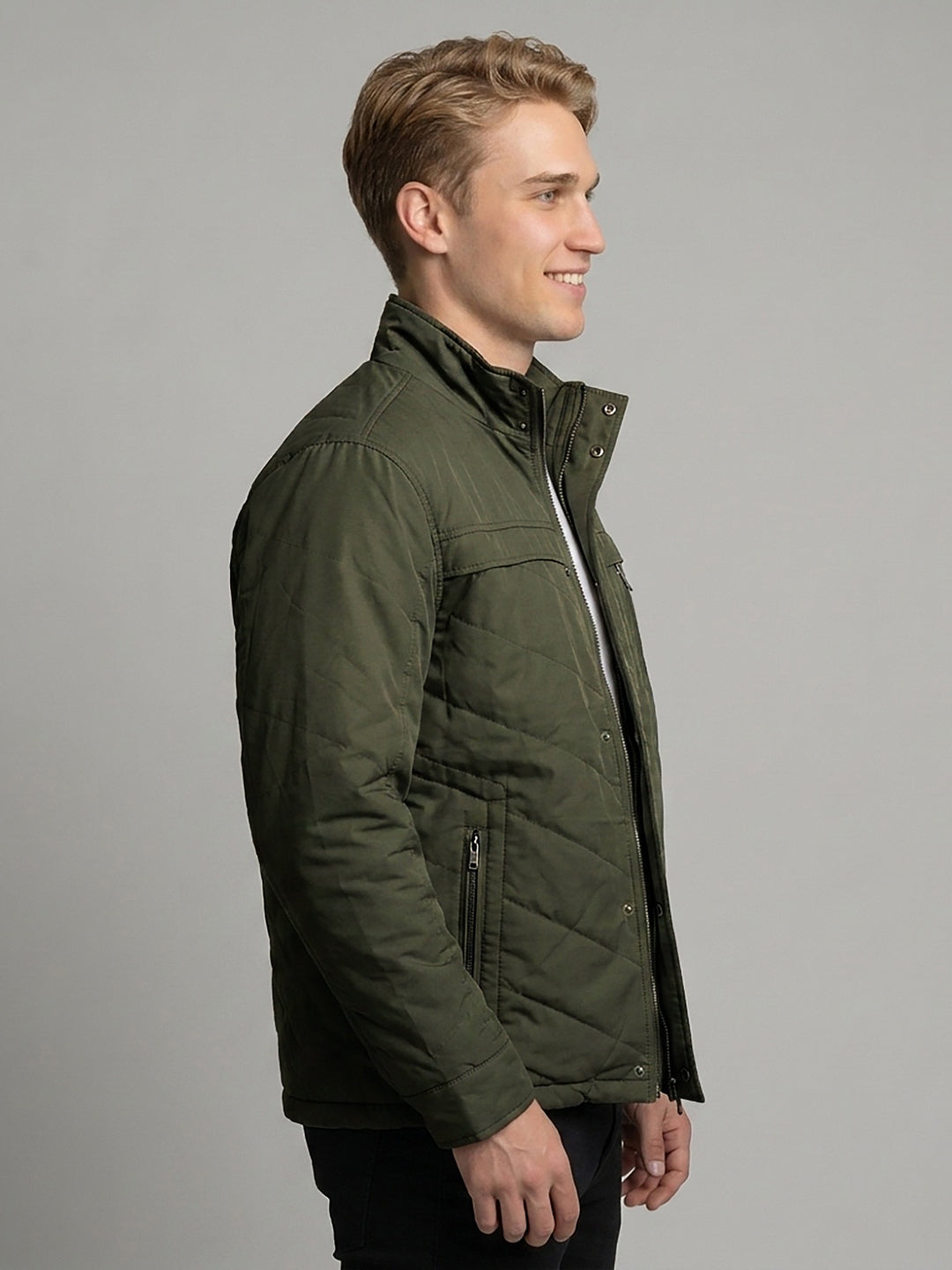 Men Green Solid Turtle Neck Full Sleeve Padded Jacket