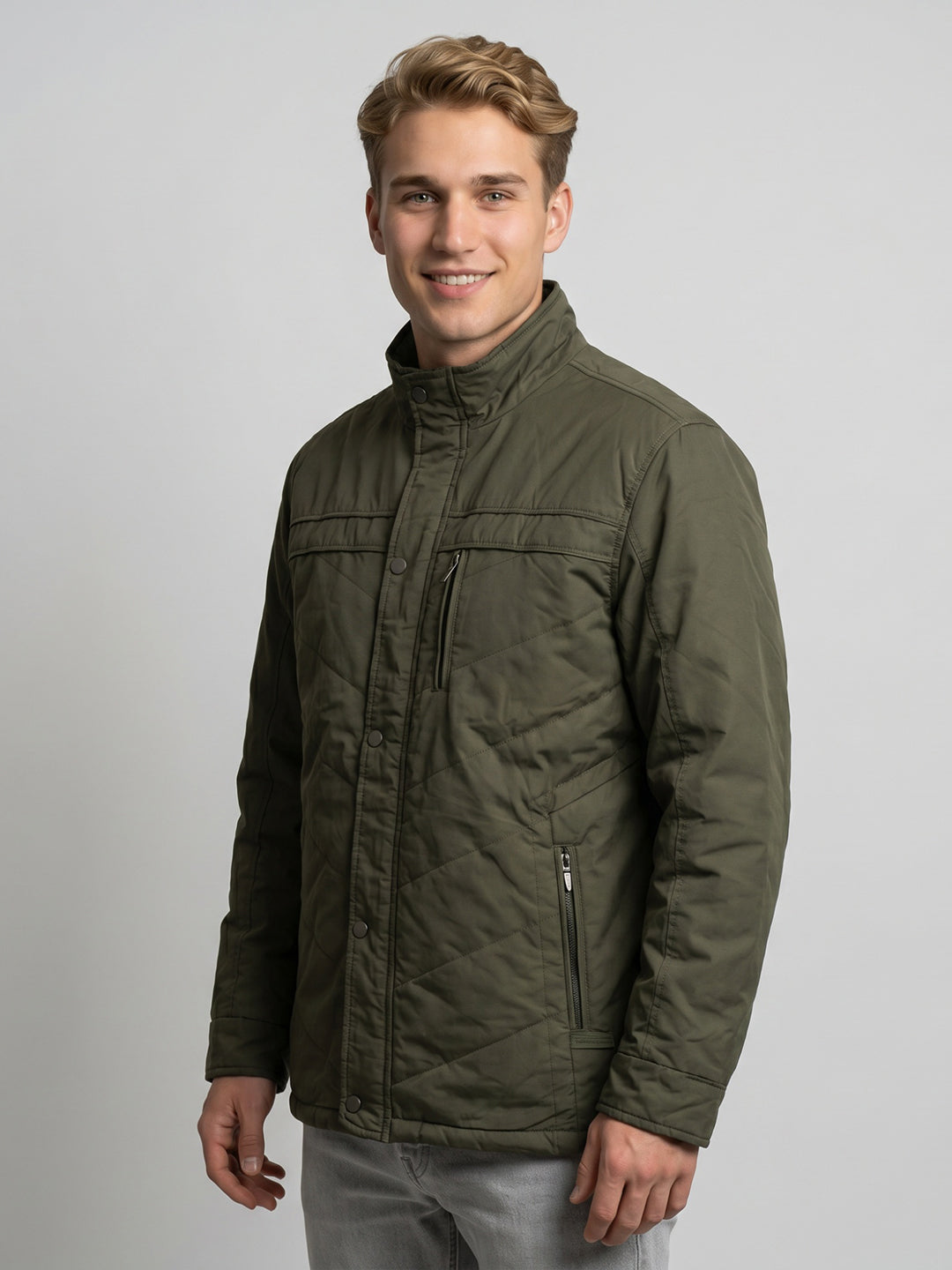 Men Green Solid Turtle Neck Full Sleeve Padded Jacket
