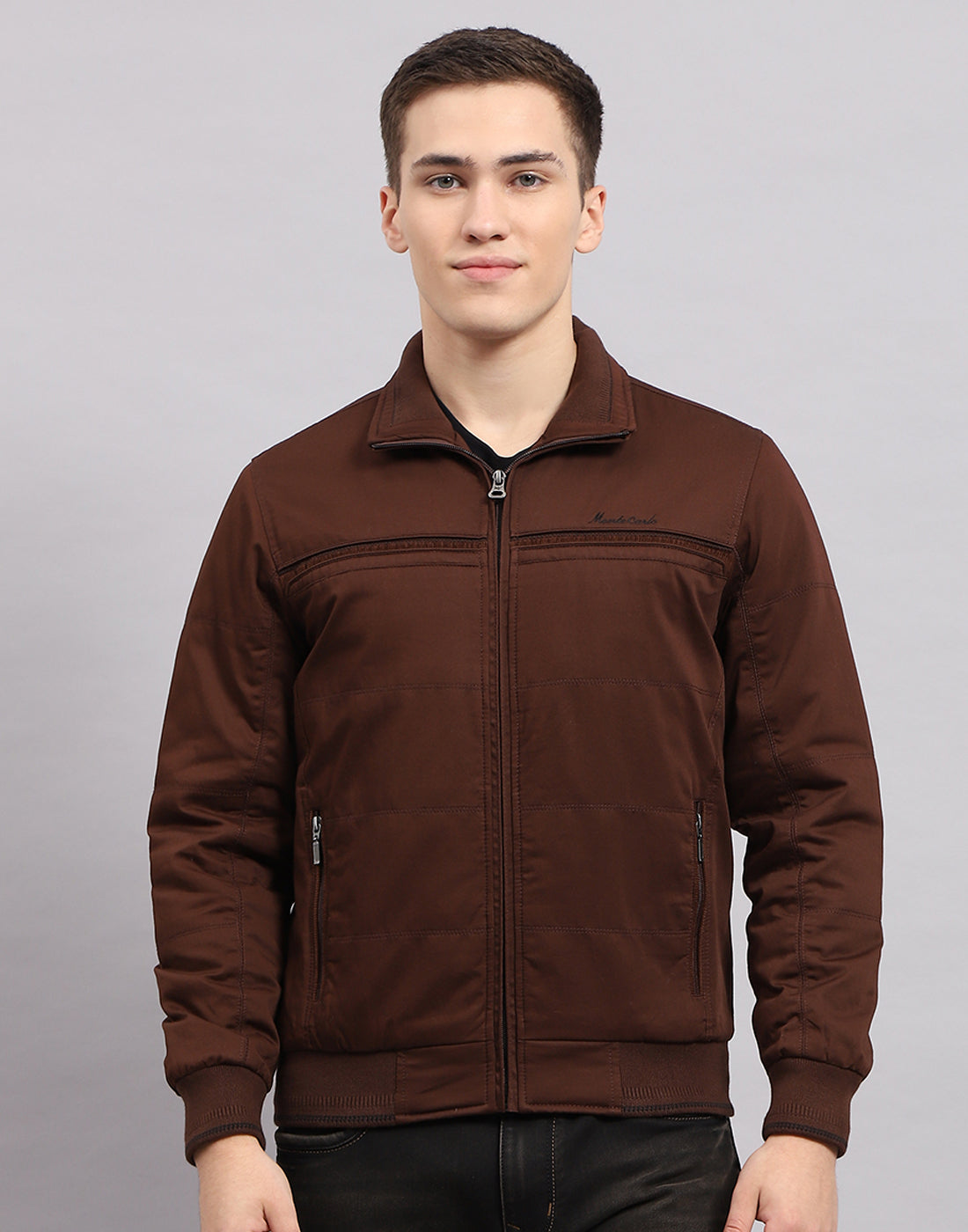 Men Brown Solid Collar Full Sleeve Jacket
