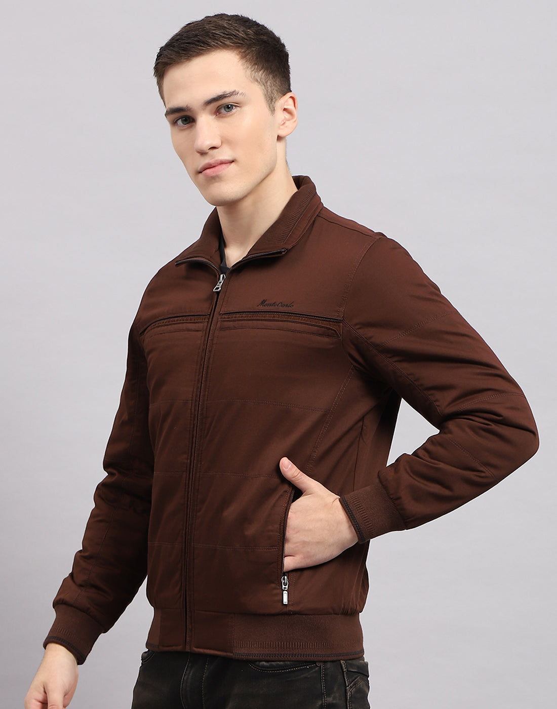 Men Brown Solid Collar Full Sleeve Jacket