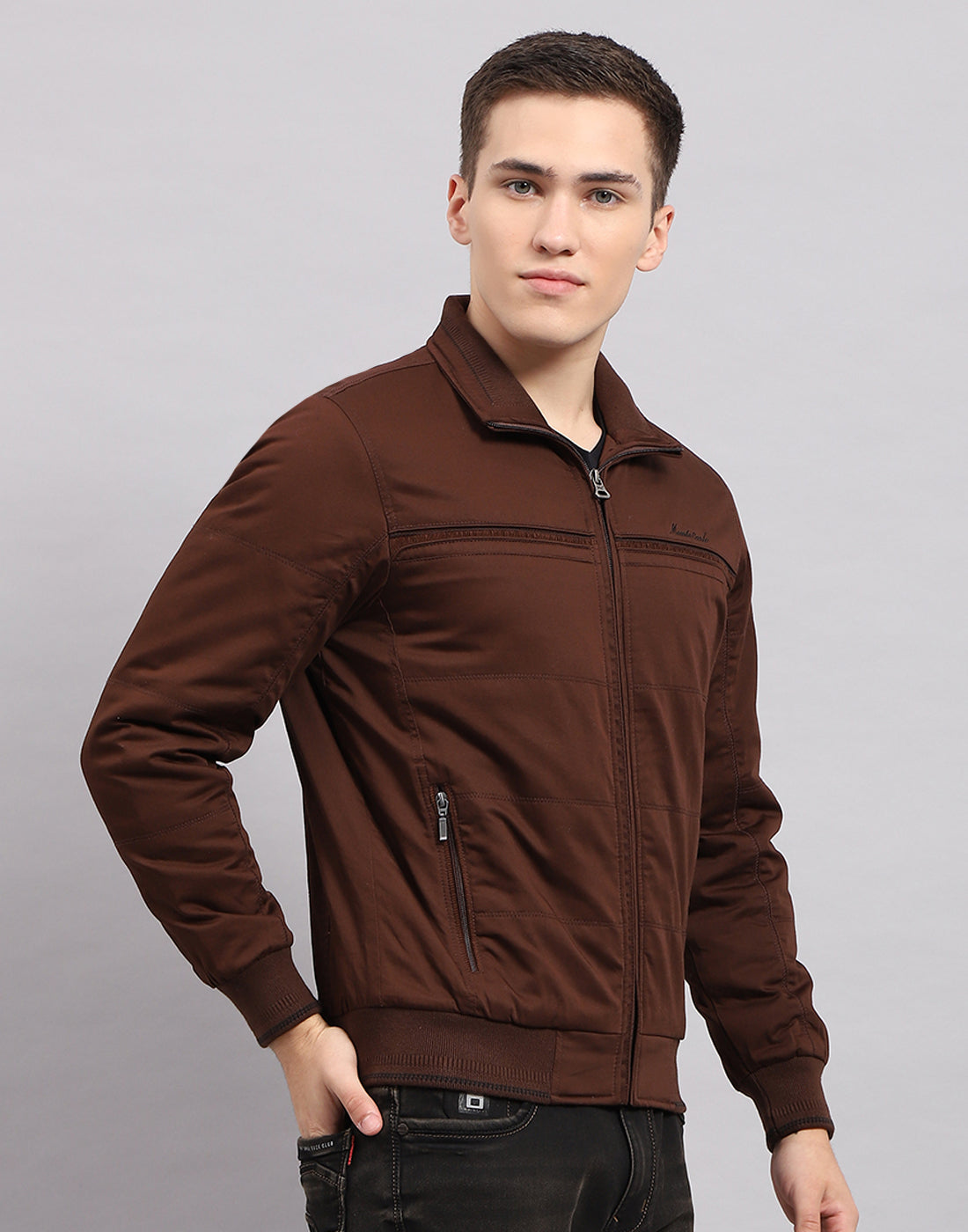 Men Brown Solid Collar Full Sleeve Jacket