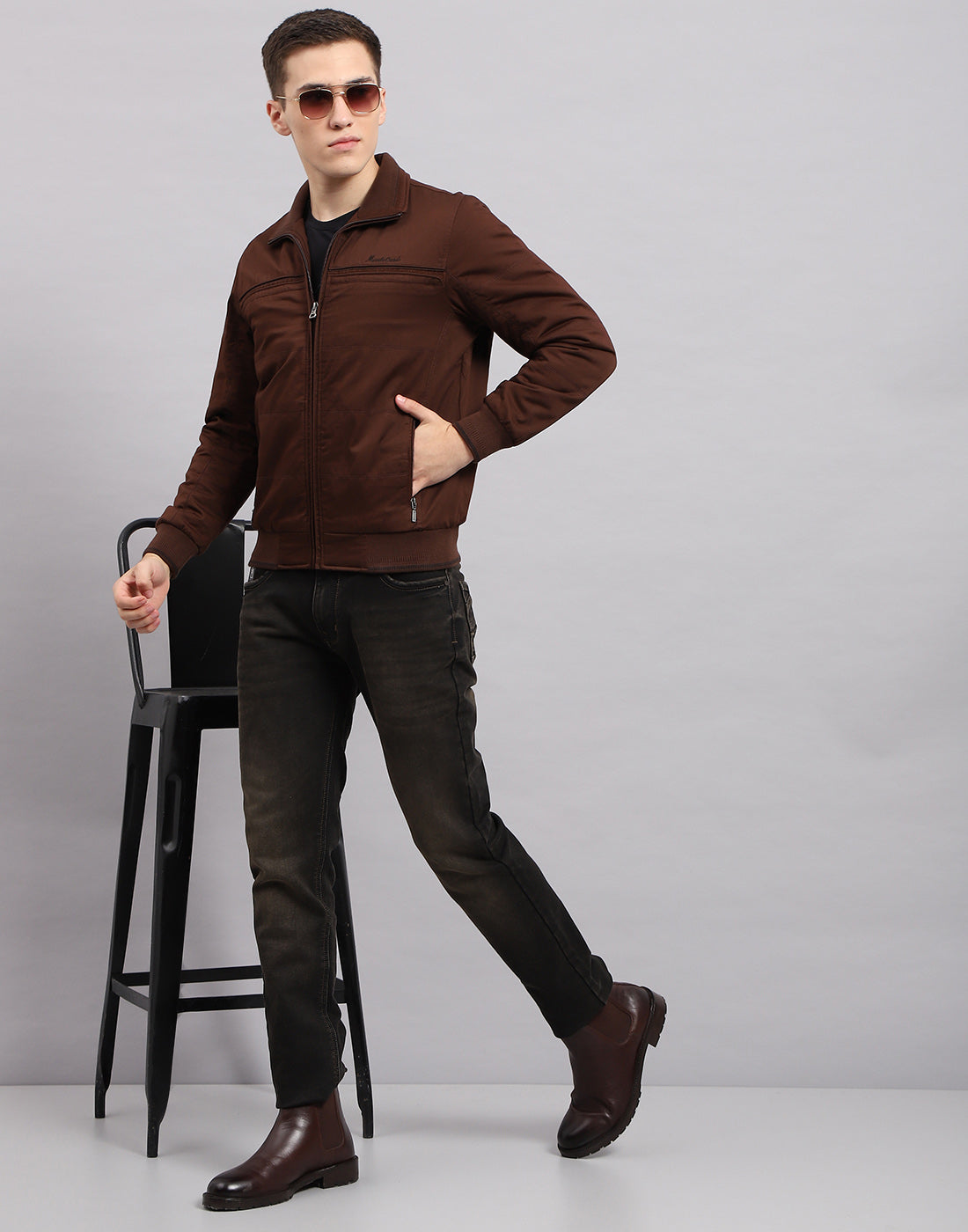 Men Brown Solid Collar Full Sleeve Jacket
