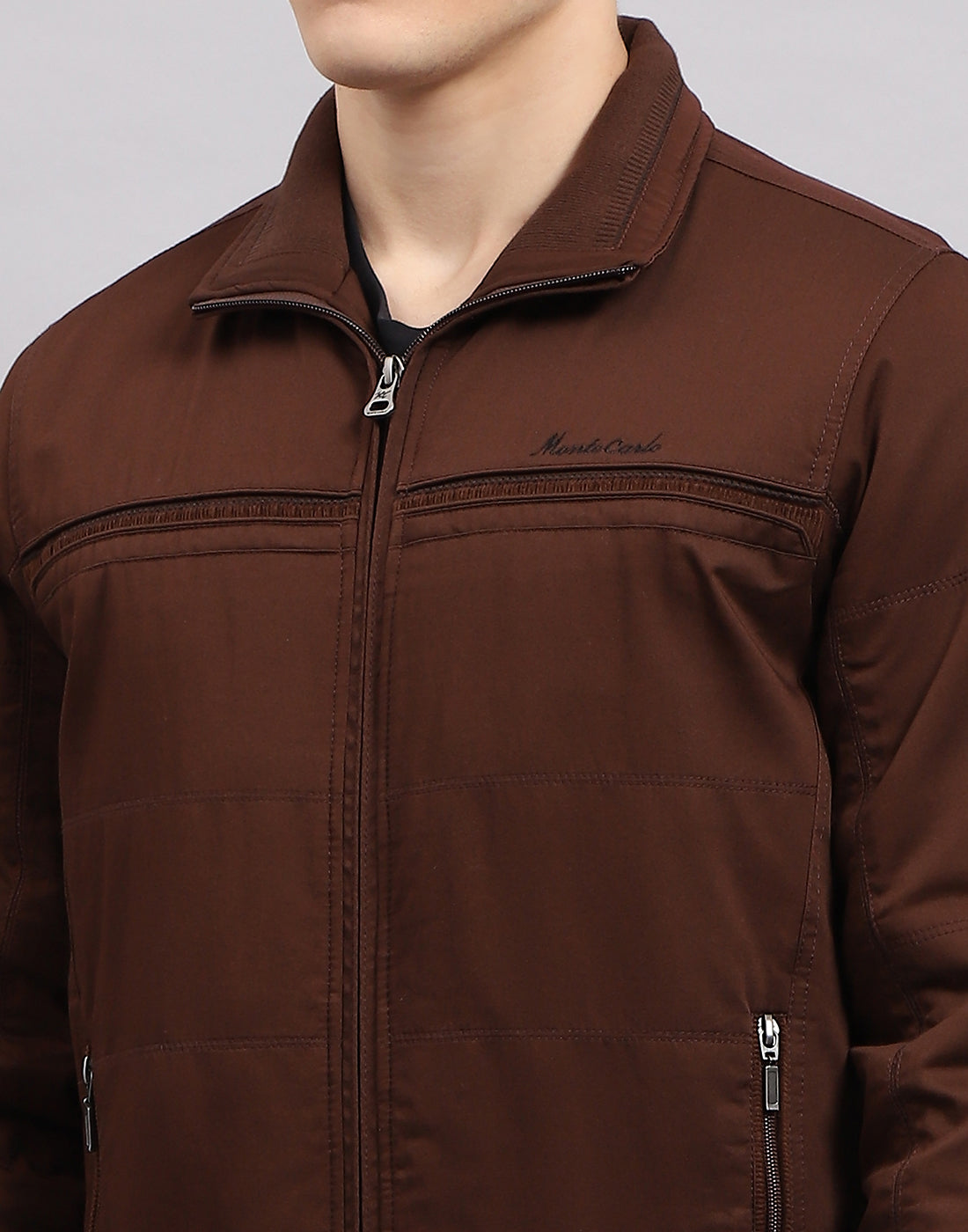 Men Brown Solid Collar Full Sleeve Jacket