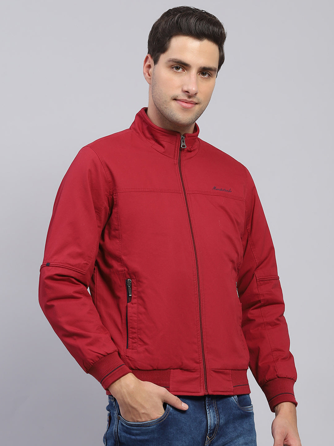 Men Maroon Solid Mock Neck Full Sleeve Jacket