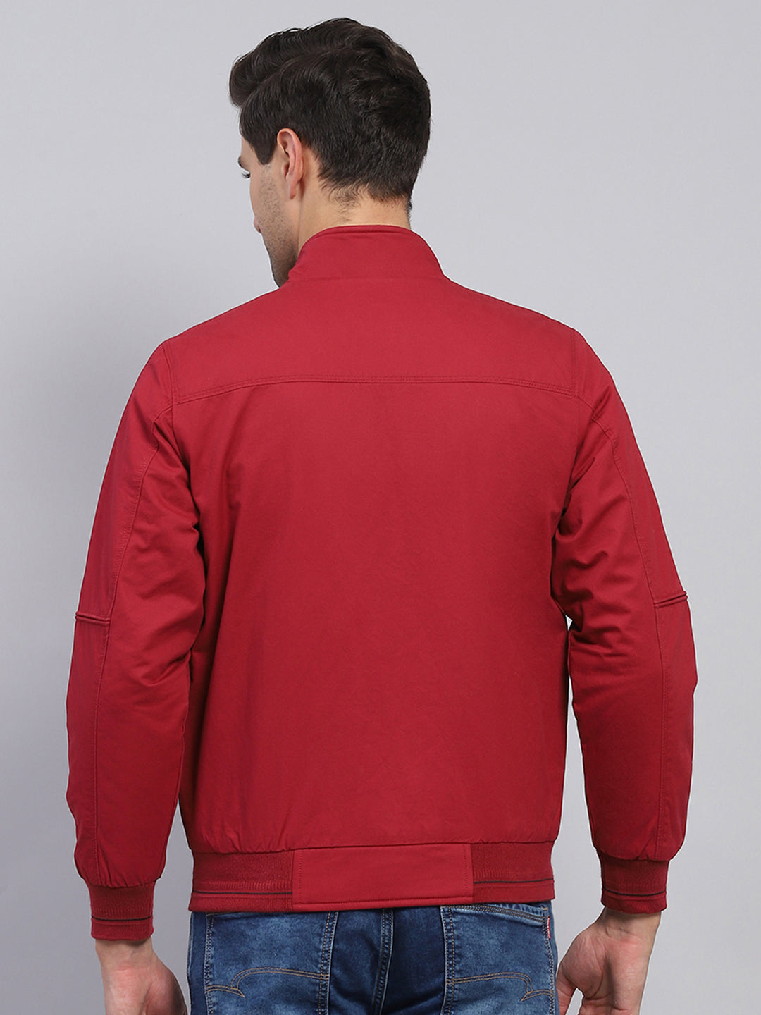 Men Maroon Solid Mock Neck Full Sleeve Jacket