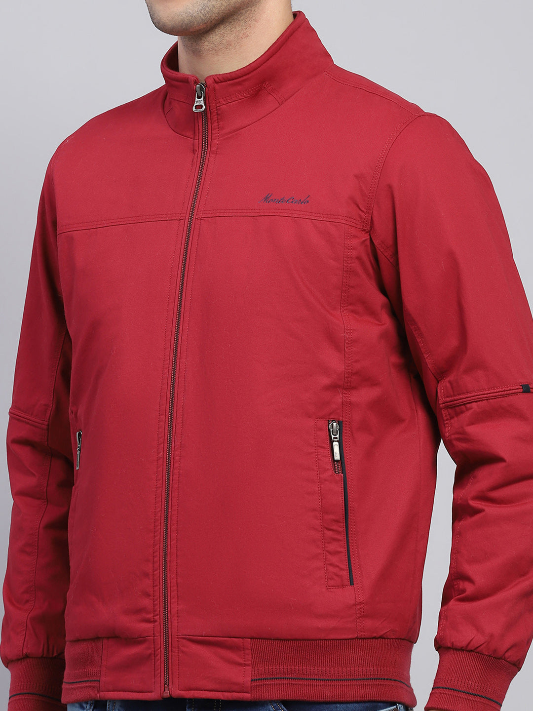 Men Maroon Solid Mock Neck Full Sleeve Jacket