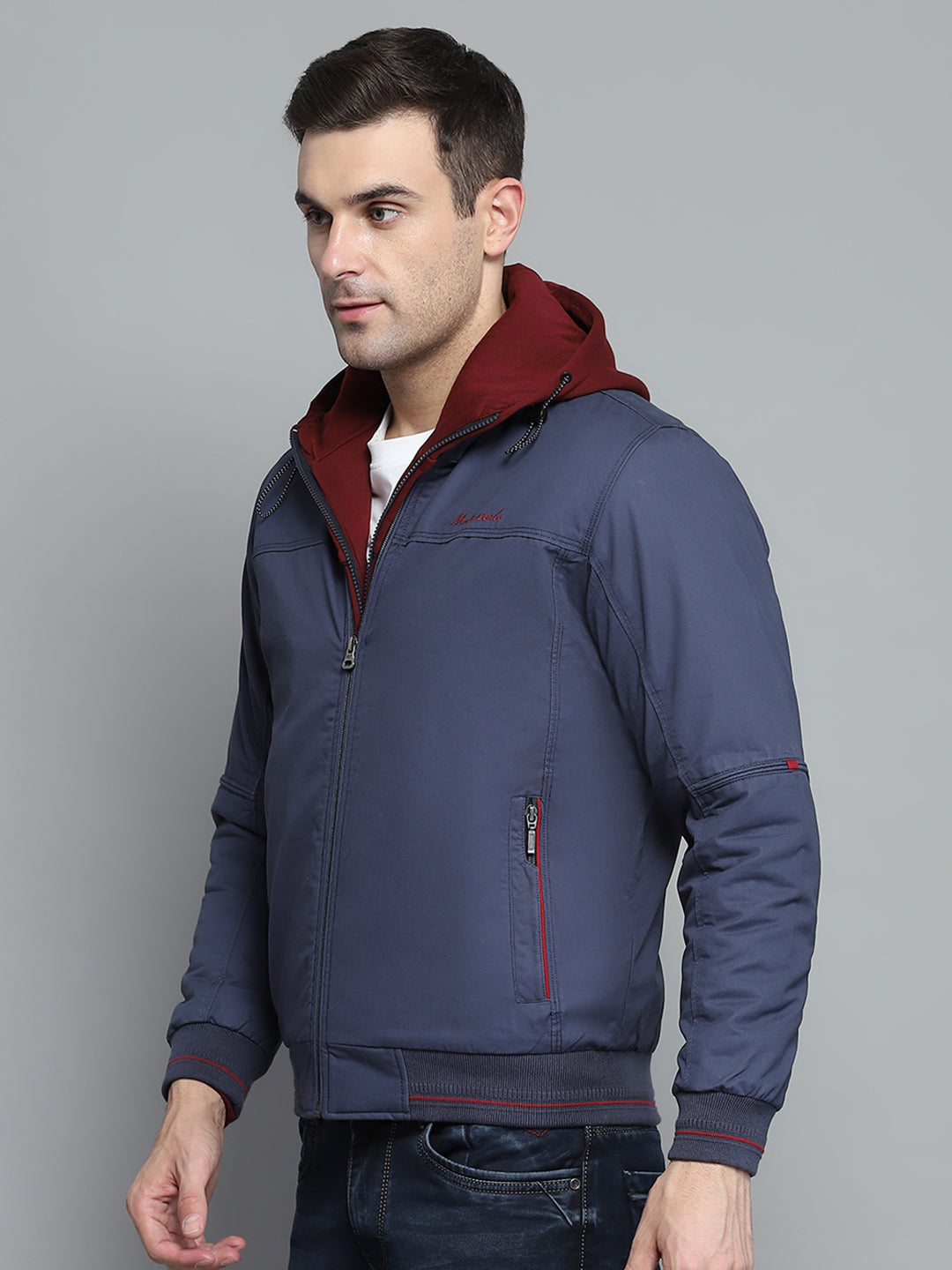 Men Blue Solid Hooded Full Sleeve Jacket