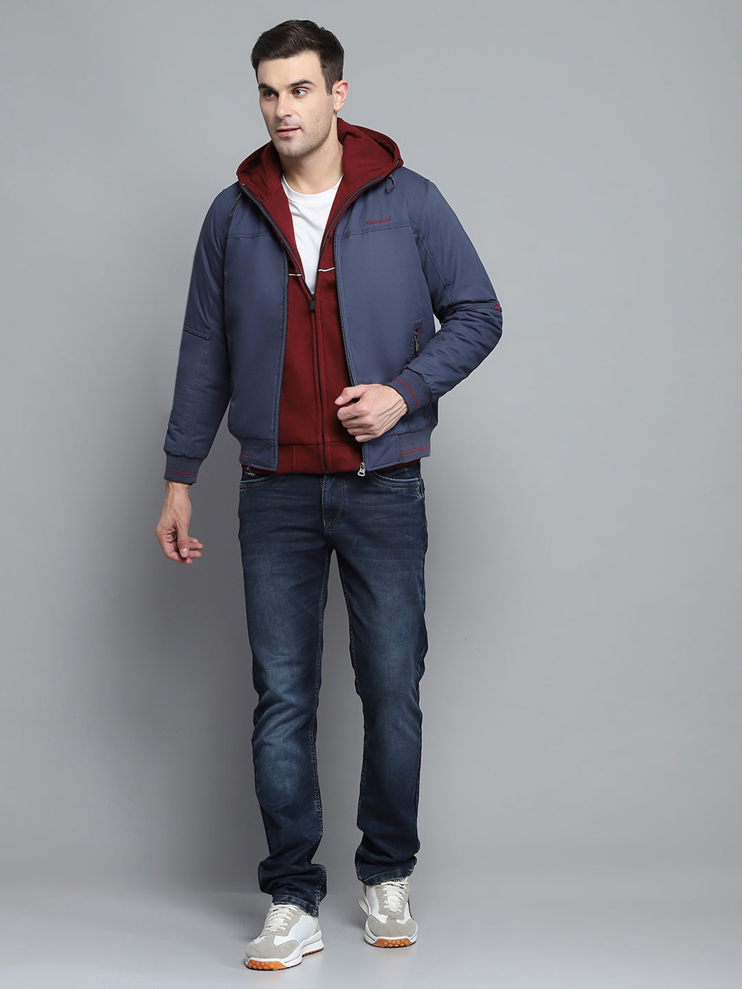 Men Blue Solid Hooded Full Sleeve Jacket