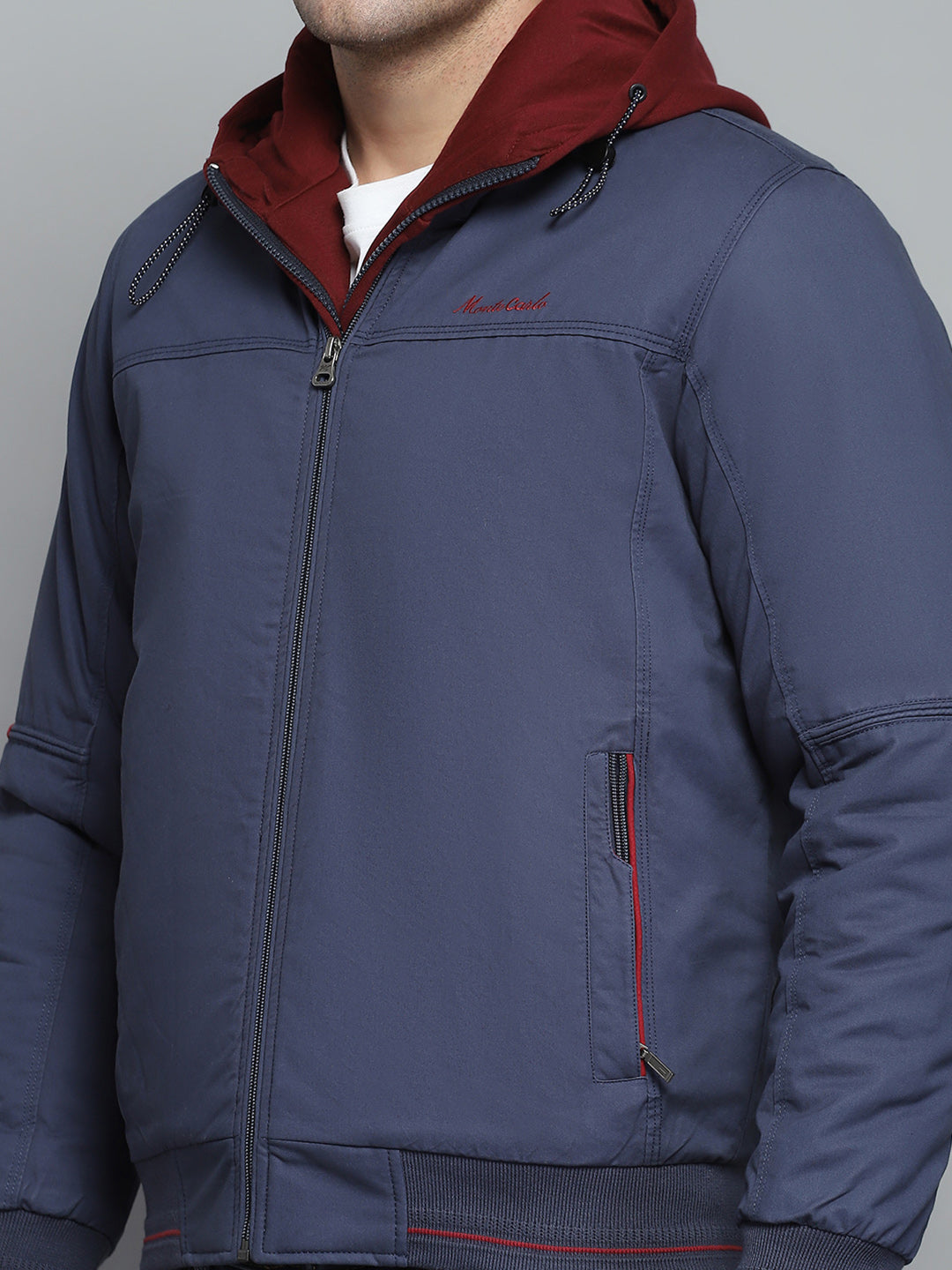 Men Blue Solid Hooded Full Sleeve Jacket