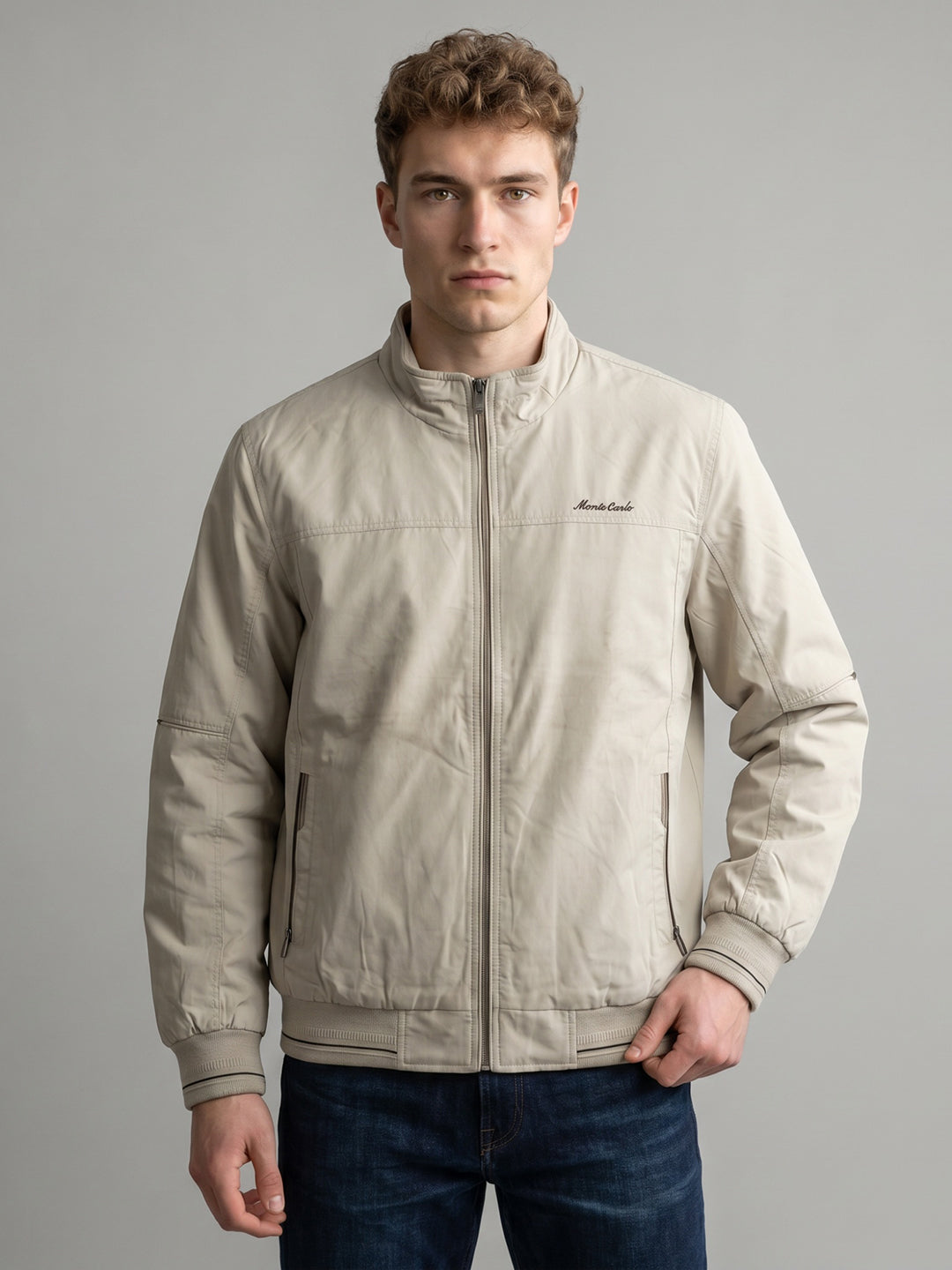 Men Beige Solid Collar Full Sleeve Bomber Jacket