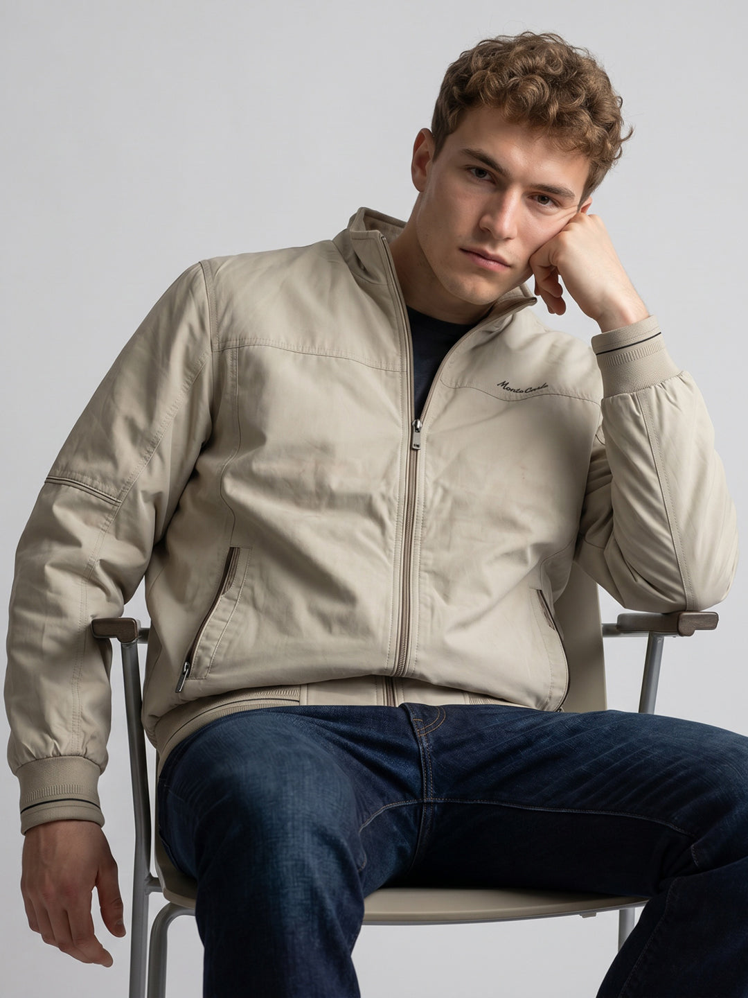 Men Beige Solid Collar Full Sleeve Bomber Jacket