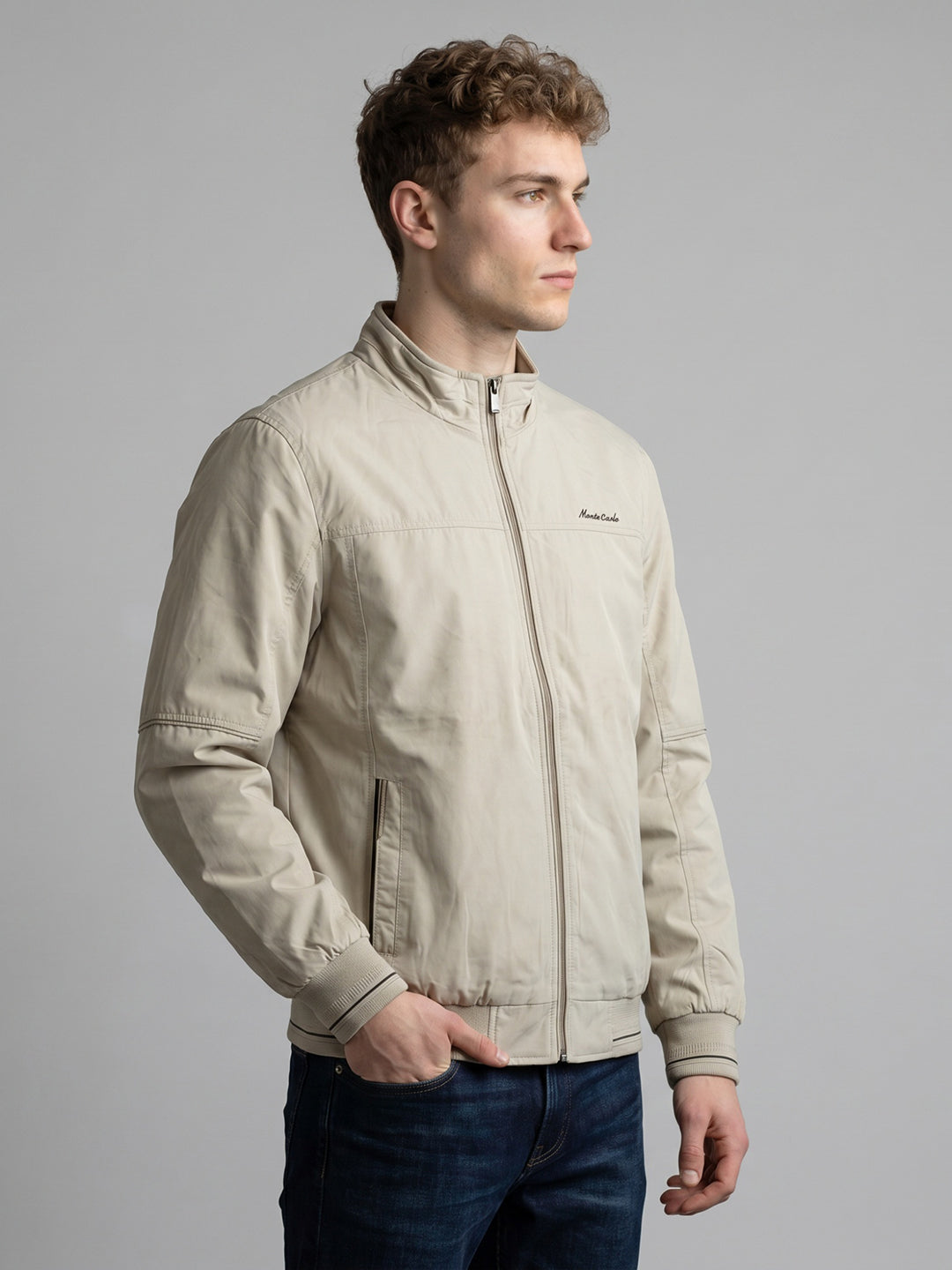 Men Beige Solid Collar Full Sleeve Bomber Jacket