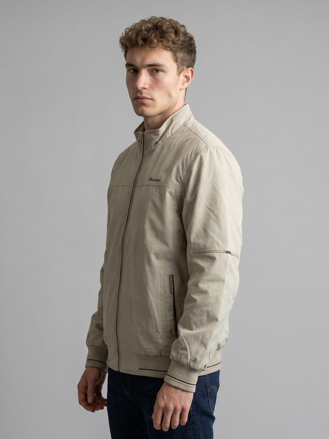 Men Beige Solid Collar Full Sleeve Bomber Jacket