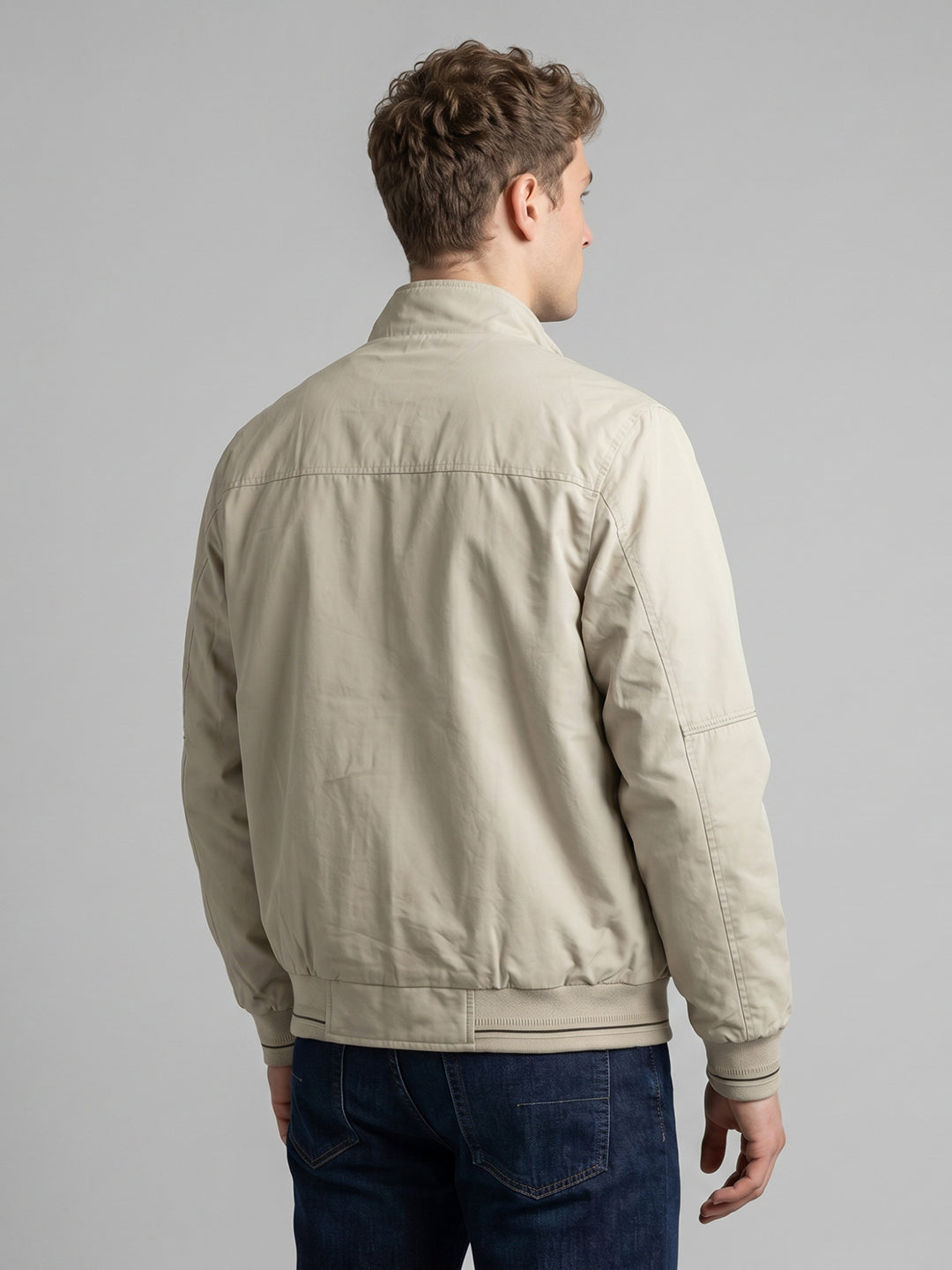 Men Beige Solid Collar Full Sleeve Bomber Jacket